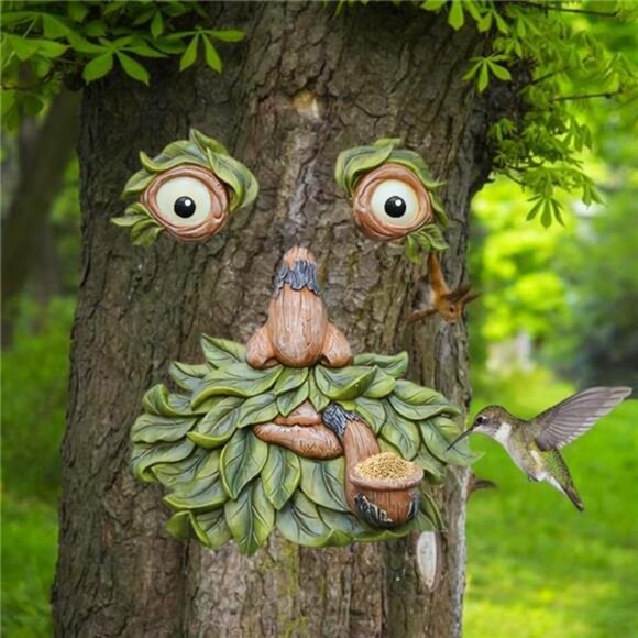 12 Inch Bird Feeder, Unique Old Man Tree Face Hugger Statues - Glow Eyes in Dark - Picture 1 of 8